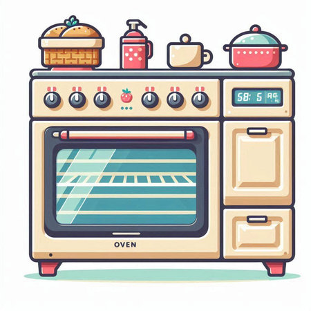 Kitchen stove, oven, cooking utensils and food, vector illustrationのイラスト素材