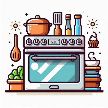 Kitchen equipment and household appliances. Vector illustration in line style.のイラスト素材