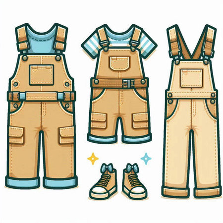 Vector illustration of set of overalls and boots in cartoon style.のイラスト素材