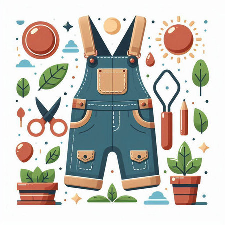 Vector illustration in flat cartoon style of denim overalls, scissors and garden tools.のイラスト素材