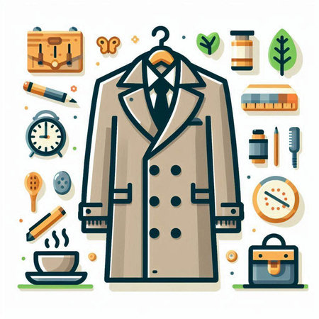 Flat design modern vector illustration concept of fashion and beauty industry: coat, bag, coffee cup, clock, wallet, spoon, bag, perfume, cream, cosmetics.のイラスト素材