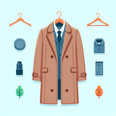 Vector illustration of a coat and accessories on a light blue background.のイラスト素材