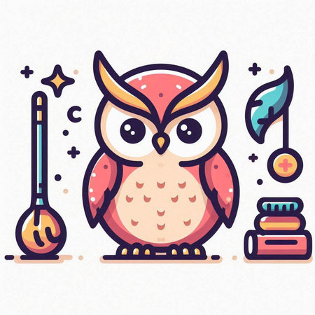 Cute owl with magic wand. Vector illustration in flat style.のイラスト素材