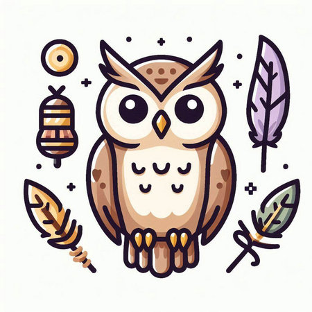Cute owl with feathers. Vector illustration in doodle style.のイラスト素材