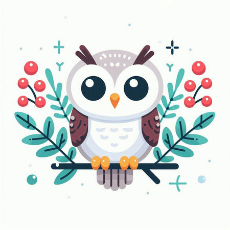 Cute cartoon owl with a wreath of berries. Vector illustration.のイラスト素材