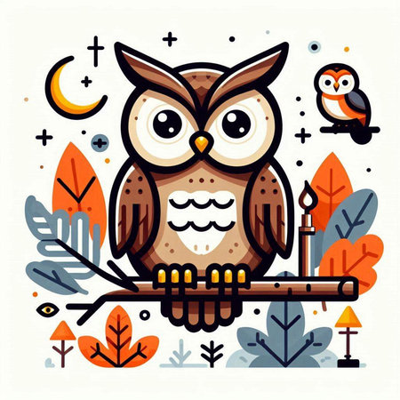 Cute owl sitting on a branch in the forest. Vector illustration.のイラスト素材
