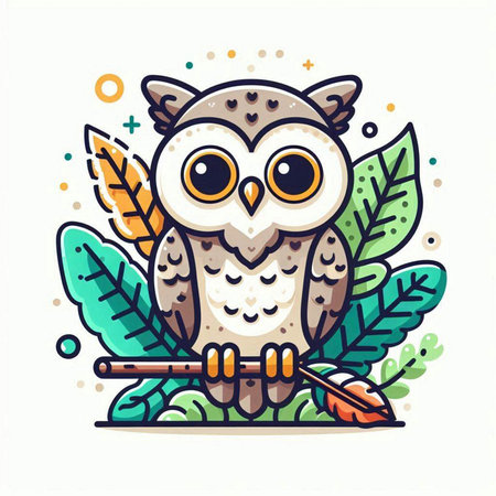 Cute owl sitting on a branch with leaves. Vector illustration.のイラスト素材
