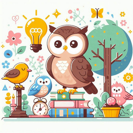 Vector illustration of owl, books, birds and lightbulb on white backgroundのイラスト素材