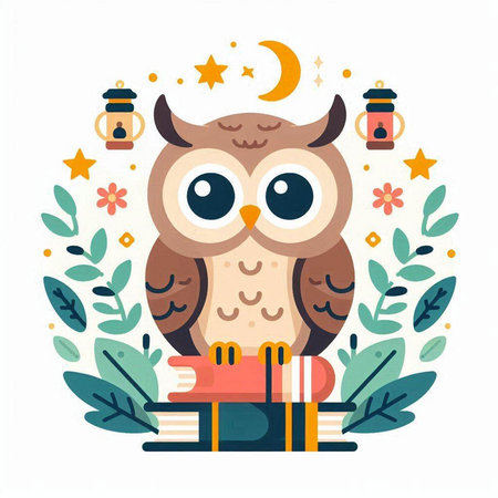 Cute owl with books. Vector illustration in a flat style.のイラスト素材