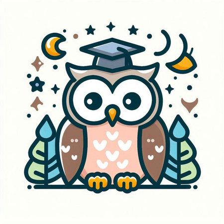 Cute owl with graduation cap. Vector illustration in doodle style.のイラスト素材