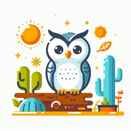 Cute owl on the background of cactuses. Vector illustration.のイラスト素材