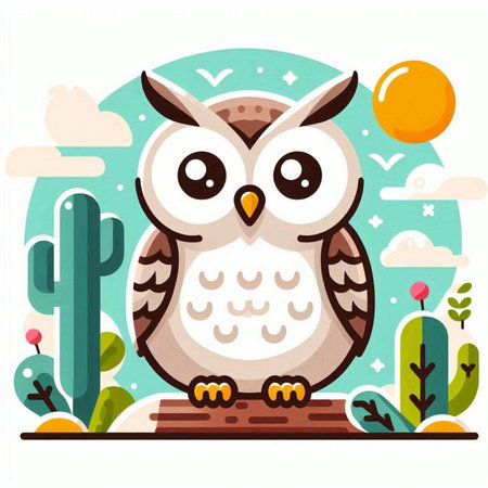 Cute owl on the background of the desert. Vector illustration.のイラスト素材