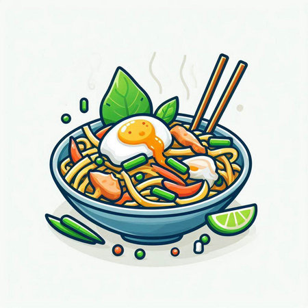 Illustration of asian noodle with fried egg and vegetables.のイラスト素材