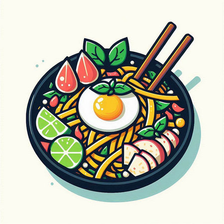 Noodles with egg and vegetables in a bowl. Vector illustration.のイラスト素材