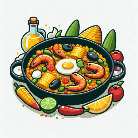 Illustration of a paella in a frying pan with vegetables.のイラスト素材