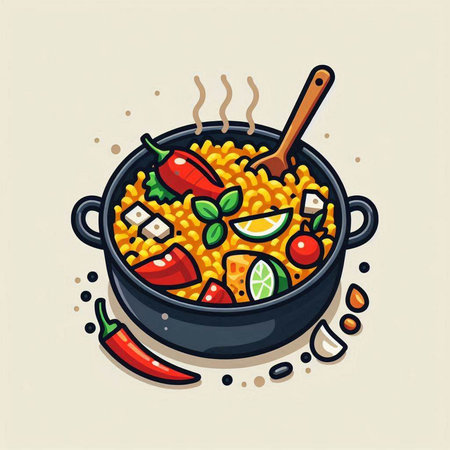 Pilaf in a frying pan. Hand drawn vector illustration.のイラスト素材