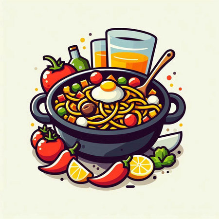 Spaghetti with egg and vegetables in a pan. Vector illustration.のイラスト素材