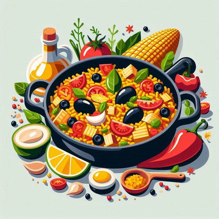 Vegetarian food poster with pasta and vegetables in a frying pan.のイラスト素材