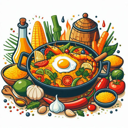 Illustration of a bowl of paella with vegetables, eggs and spicesのイラスト素材