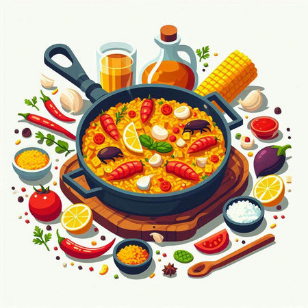 Spanish paella in frying pan with ingredients on white background vector illustrationのイラスト素材