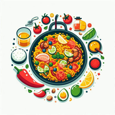 Fried noodle with seafood and vegetables in a frying pan. Vector illustration.のイラスト素材