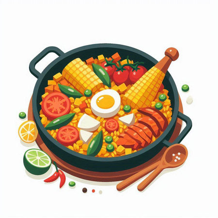 Vegetable paella in a frying pan. Vector illustration.のイラスト素材