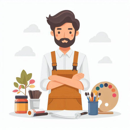 Artist at work. Vector illustration in a flat style. A man with a beard.のイラスト素材