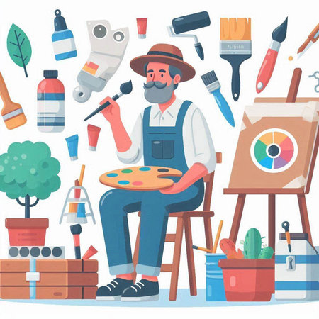 Painter man with paint palette, brush, palette, oil paints, palette, palette, palette, easel. Flat design vector illustration.のイラスト素材