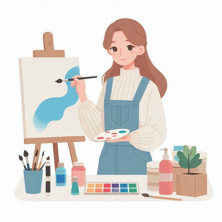 Woman artist painting a picture. Vector illustration in a flat style.のイラスト素材