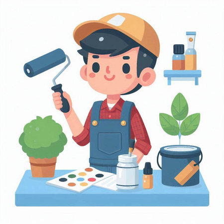 Painter boy painting with paint roller. Vector illustration in cartoon style.のイラスト素材