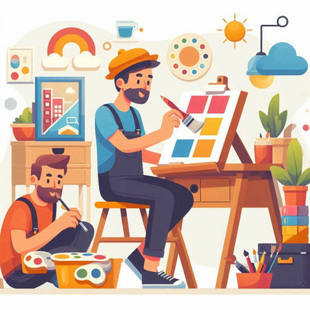 Painter and artist at work. Vector illustration in cartoon style.のイラスト素材