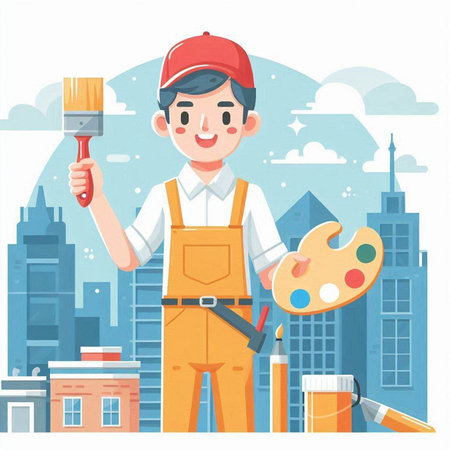 Painter man with paintbrush and palette. Flat style vector illustration.のイラスト素材