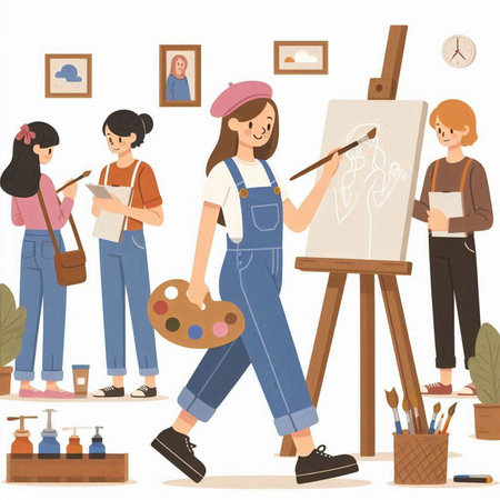 Painting workshop. Vector illustration in flat cartoon style. Woman artist drawing on canvas.のイラスト素材