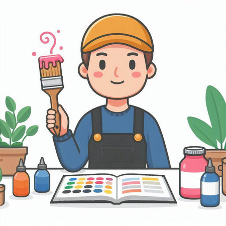 Painter painting with paintbrush and paintbox, vector illustration.のイラスト素材