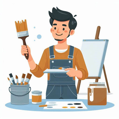 Painter with paint brushes and palette. Vector illustration in cartoon styleのイラスト素材
