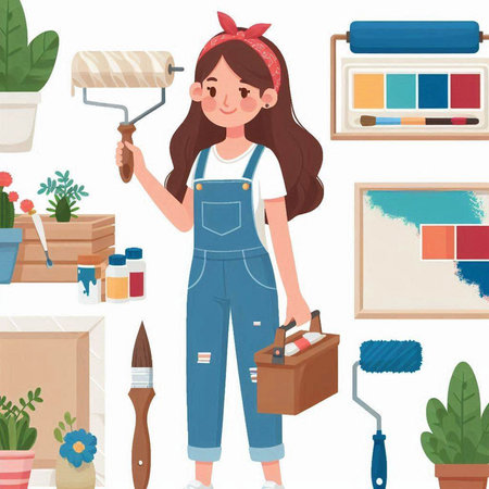Repair and painting tools and woman in overalls vector illustration.のイラスト素材