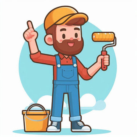 Painter holding paint roller and paint bucket. Vector cartoon illustration.のイラスト素材