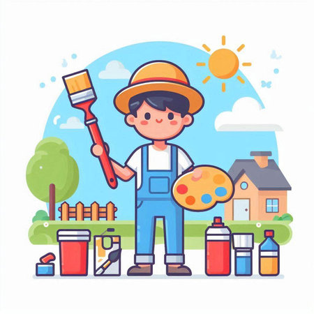 Cute little boy in overalls and hat painting with paintbrushes. Vector illustration.のイラスト素材