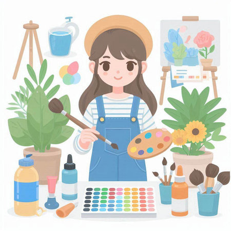 Girl painter with paint palette and brushes. Vector illustration in flat styleのイラスト素材