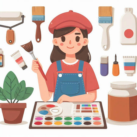 Girl painter with brushes and paints. Vector illustration in cartoon style.のイラスト素材