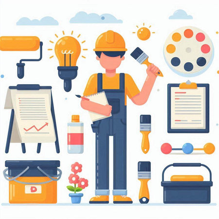 Repairman and construction tools flat vector illustration. Cartoon man in uniform, helmet and overalls holding paint brush, paint roller, paint bucket and clipboard.のイラスト素材