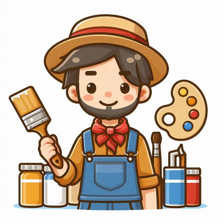 Artist man with paintbrush and palette on white background. Vector illustration.のイラスト素材