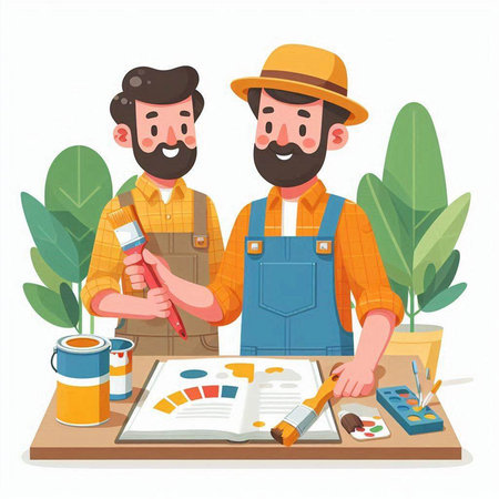 Craftsmen with paintbrushes and tools. Vector illustration.のイラスト素材