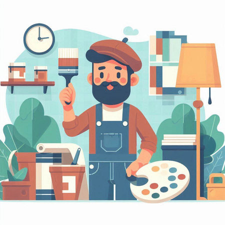 Painter man with palette and paint brush. Flat style vector illustration.のイラスト素材
