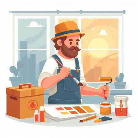 Painter at work in his workshop. Vector illustration in cartoon styleのイラスト素材
