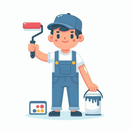 Repairman with paint roller. Vector illustration in cartoon style.のイラスト素材