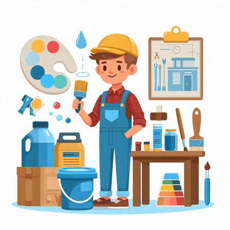 Craftsman with paint palette, brush and paint bucket. Cartoon vector illustrationのイラスト素材