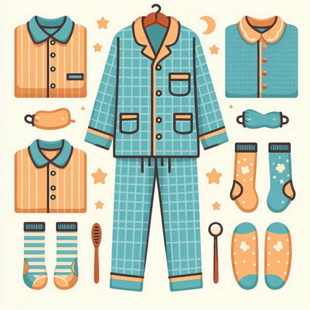 Vector set of pajamas and clothes for children. Vector illustrationのイラスト素材