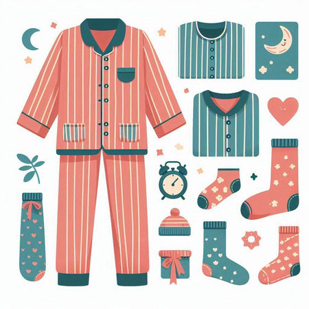 Vector set of cute pajamas with socks and accessories for sleep.のイラスト素材