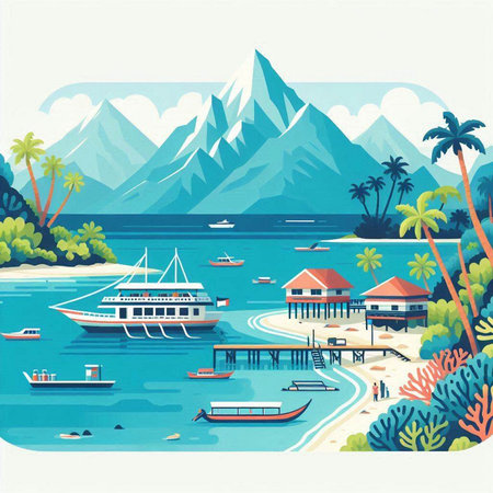 Vector illustration of a tropical island with palm trees, boats and mountainsのイラスト素材